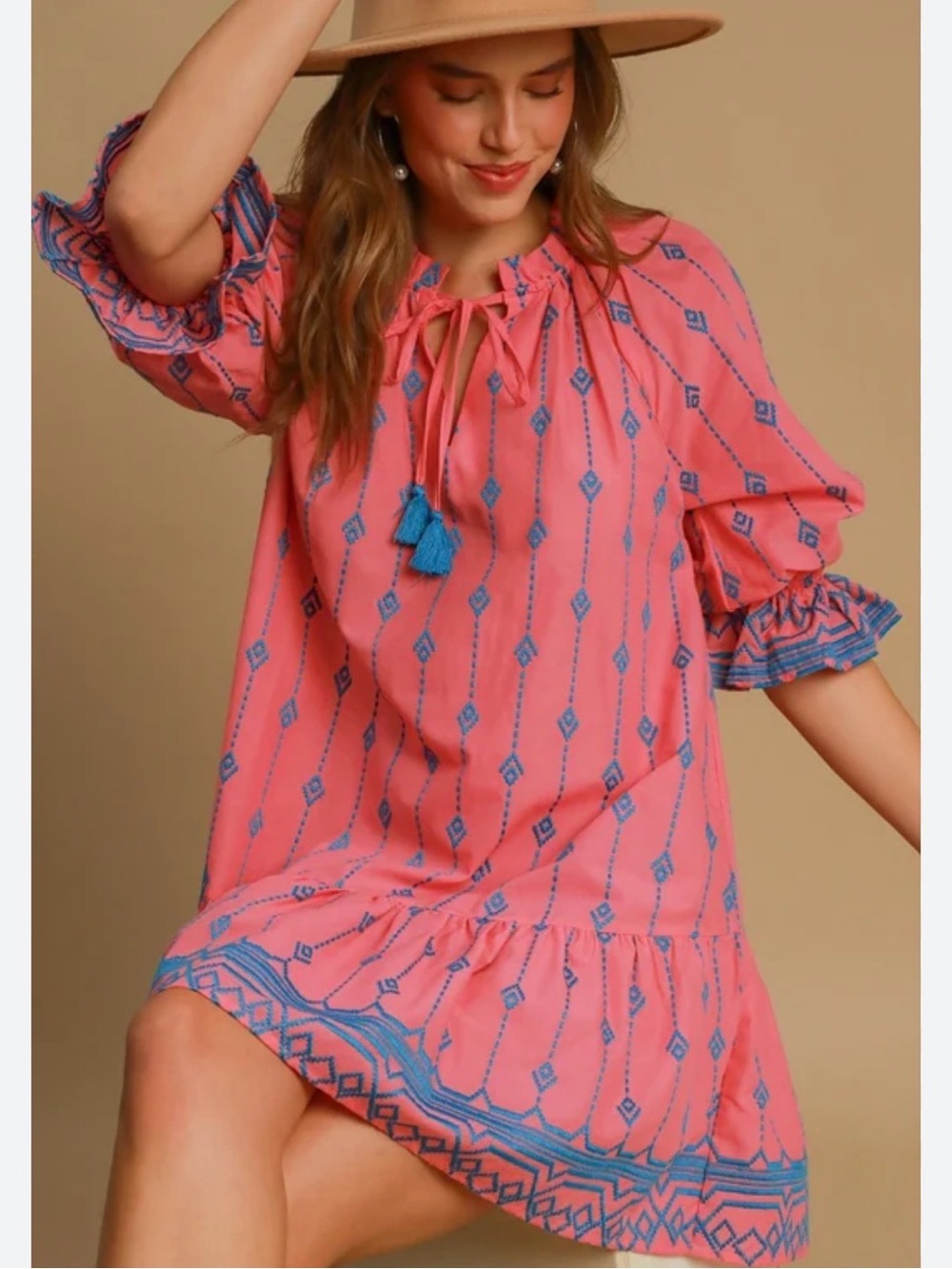 Umgee Pink Mini Dress with Blue Embroidered Trim